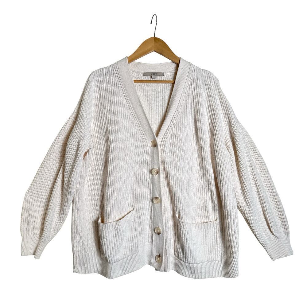 LOFT Cream Ribbed Cardigan XL Cotton Button Front Pockets Relaxed Fit EUC - Picture 2 of 8